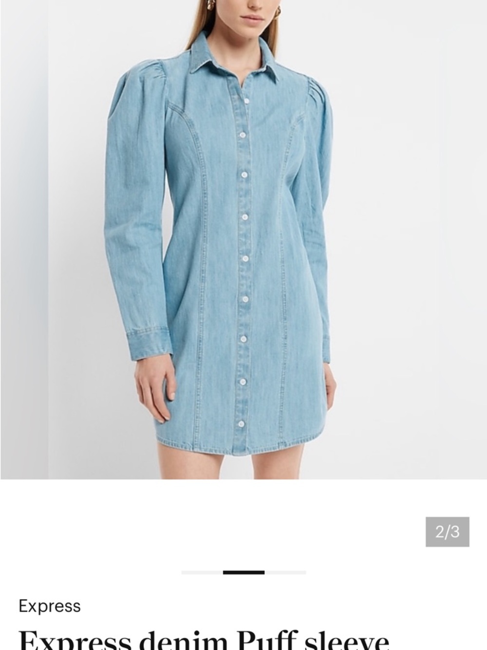 Express Light Wash Denim Button‑Front Puff Sleeve Dress